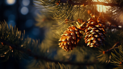 Naklejka na ściany i meble Beautiful long orange pine cone and branches, close - up macro shot at winter.