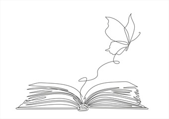 Continuous one line drawing of open book with flying butterfly. Vector illustration on white background.