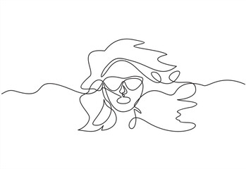 Stylish one continuous line woman in sunglasses. Fashionable typography girl in minimalist style. Beauty sign. Attractive fashion model. Summer fashion. Human avatar in glasses