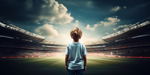 Little kid from the back standing in the middle of football stadium and dreaming become football soccer player - obrazy, fototapety, plakaty