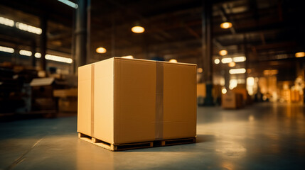 Cardboard box on warehouse floor, compact and ready for delivery and assembly. - obrazy, fototapety, plakaty