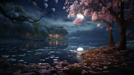 A serene landscape featuring a Moonlit Magnolia grove by a calm lake, reflecting the night sky.