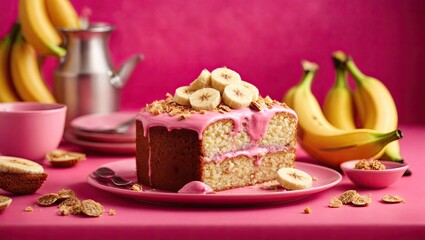 Obraz na płótnie Canvas Bake banana cake on hot pink background, cake with chocolate, cake with a candle, cake with chocolate and nuts, cake with whipped cream, cake with nuts and whipped cream, cake with nuts and chocolate