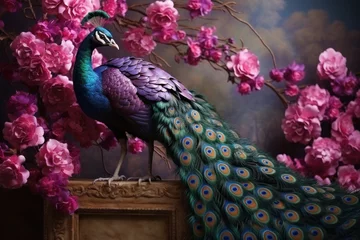 Foto op Plexiglas Colorful peacock on the background of pink sakura branches © pundapanda