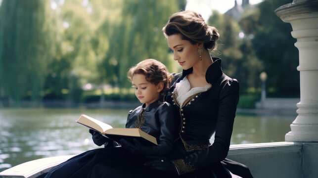 Mother daughter bond, reading, studying, book, traditional elegance, cultural heritage, serene family moment, timeless beauty, park setting, generative AI, JPG