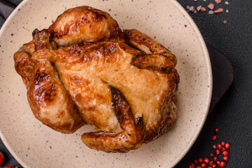 Crispy delicious whole baked chicken with vegetables, salt and spices