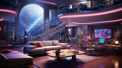 A futuristic science fiction-themed room with holographic displays, neon lighting, and futuristic...