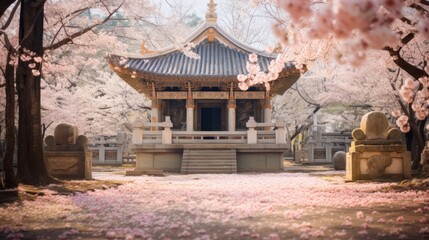 Fototapeta premium Serene Temple or Shrine Surrounded by Cherry Blossoms