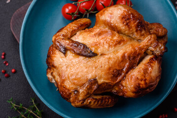 Crispy delicious whole baked chicken with vegetables, salt and spices