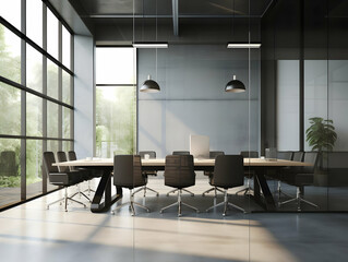 Fototapeta premium Empty conference room with desk and chairs, business meeting room, empty seminar or training room, business discussion area, business meeting room interior