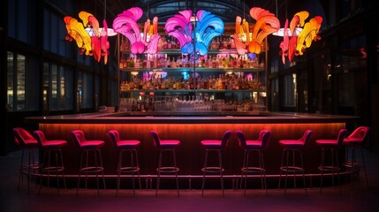 Barstools illuminated by a neon chandelier above.