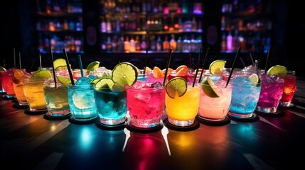 Cocktails arranged neatly on a bar top, illuminated by neon lights.