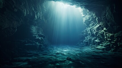 Serene Underwater Cave with Ethereal Lighting - obrazy, fototapety, plakaty