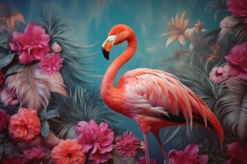 Naklejka premium Pink flamingo on the background of the wall with exotic beautiful flowers, bright tropical concept