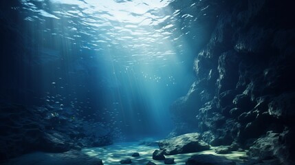 Serene Underwater Cave with Ethereal Lighting - obrazy, fototapety, plakaty