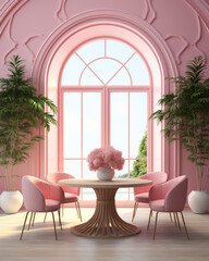 A very bright and pink room with colored chairs and a table, an arched window and living plants, a fashionable stylish interior