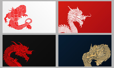 Black, blue, red and white empty banners with hand drawn ink dragon and space for text. Blank wallpapers with solid traditional Chinese Dragons. Tattoo in asian style