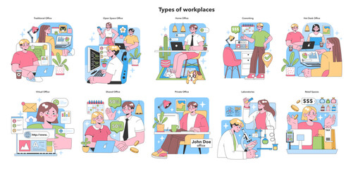 Workplace variety set. Diverse office spaces and environments portrayed. Traditional to virtual, shared spaces and labs. Cozy home offices, bustling coworking hubs. Flat vector illustration