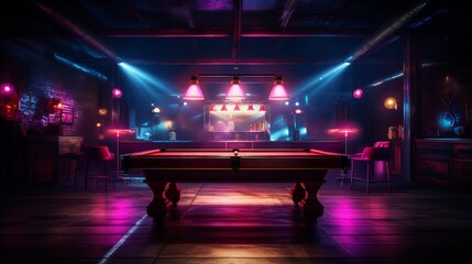 Pool table lit up by neon lights hanging above it. - obrazy, fototapety, plakaty