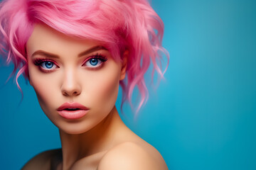 Naklejka premium Close up of portrait woman with pink hair and blue eyes wearing pink dress and pink lipstick on solid colored background.