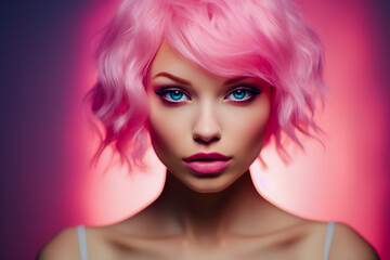 Fototapeta premium Close up of portrait woman with pink hair and blue eyes wearing pink dress and pink lipstick on solid colored background.