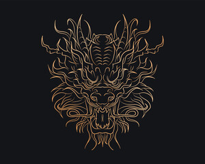 Golden silhouette of outline oriental dragon head on dark blue background. Gothic vintage poster with Asian mythology reptile or monster, devil for t-shirts of tattoo - obrazy, fototapety, plakaty