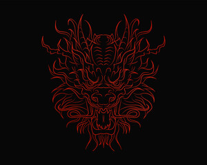 Red silhouette of outline dragon head on black background. Gothic poster with Asian mythology reptile and zodiac astrology sign for t-shirts of tattoo
