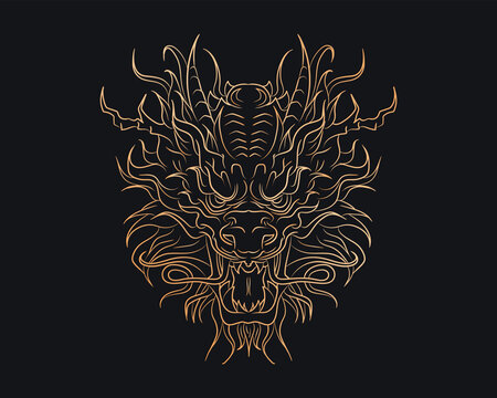 Golden silhouette of outline oriental dragon head on dark blue background. Gothic vintage poster with Asian mythology reptile or monster, devil for t-shirts of tattoo