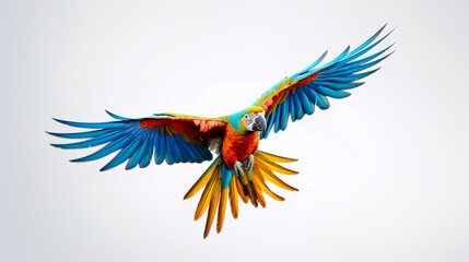 Colorful parrot flying of white background. - obrazy, fototapety, plakaty
