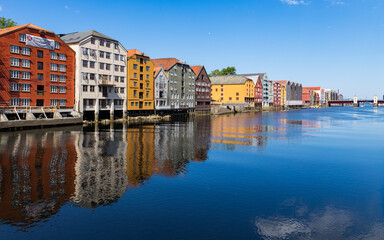 Fototapeta na wymiar Trondheim city view with the famous colorful houses at the Nidelva river and the former port