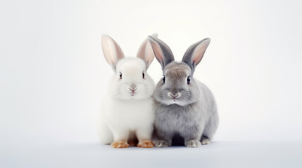 Fototapeta premium Couple of rabbits sitting next to each other on white background.