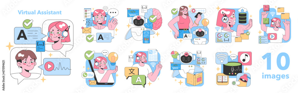 Poster virtual assistant set. everyday tasks made easier with ai technology. managing emails, optimizing ta