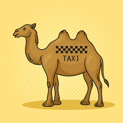 Camel taxi transport pinup pop art retro hand drawn vector illustration. Comic book style imitation.