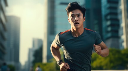 Young Asian man is jogging outside