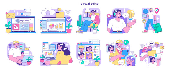 Virtual office set. Professionals engaging in online tasks. Website browsing, data analysis, video call participation, remote work, and digital communication. Flat vector illustration
