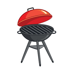 Red barbecue grill open in cartoon style. Vector illustration with BBQ or picnic charcoal.