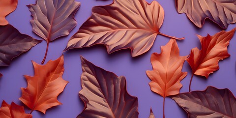 Pattern of dry orange metallic leaves on violet background.
