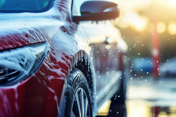 washing car. car with foam on the car wash - obrazy, fototapety, plakaty