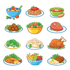Vector illustration of Food Set. Home made traditional food on a white background. A set of various Breakfast, lunch and dinner - 670195226