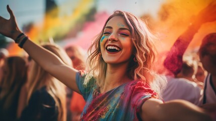 Obraz premium Young white woman dancing in the crowd at outdoor music festival, golden hour, generative ai