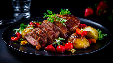 Duck breast with strawberries, tomatoes, nuts and baked potatoes. Healthy and delicious food. Photo for the menu.