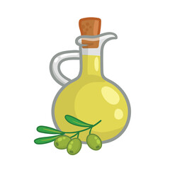 Olive oil in a glass bottle on a white background. Vector illustration olive branch