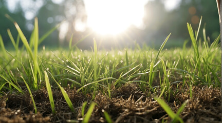 Close up of fresh green grass in field with morning sunlight - obrazy, fototapety, plakaty