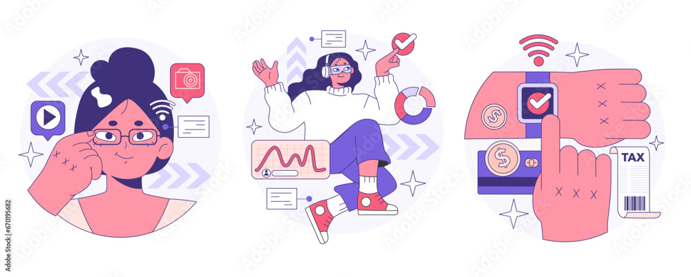 Poster wearable technology set. smart device. character using electronic device to monitor, analyze and tra