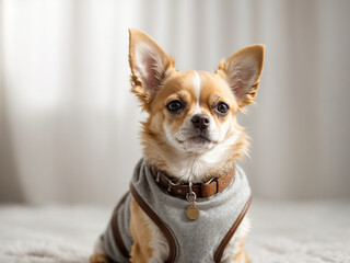 Chihuahua dog isolated on a light white background. Backdrop with copy space