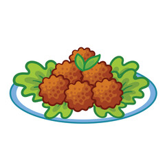 Vector illustration with meatballs on a white plate. Delicious meatball in cartoon style