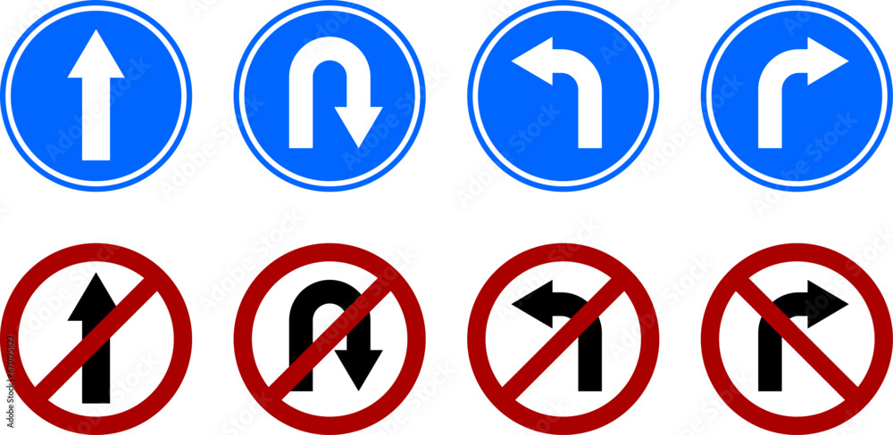Poster go straight this way one way only u turn and do not turn left and right blue and white arrow round c