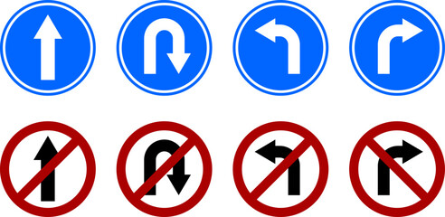 Go Straight This Way One Way Only U Turn and Do Not Turn Left and Right Blue and White Arrow Round Circle Traffic Sign Direction Icon Set. Vector Image.
