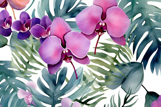 pattern orchid hibiscus leaves watercolor tropics .
