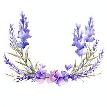 Picturesque frame of lavender, bluebells,leaves, herbs hand drawn in watercolor isolated on a white background.Floral watercolor illustration.Ideal for creating invitations, greeting and wedding cards